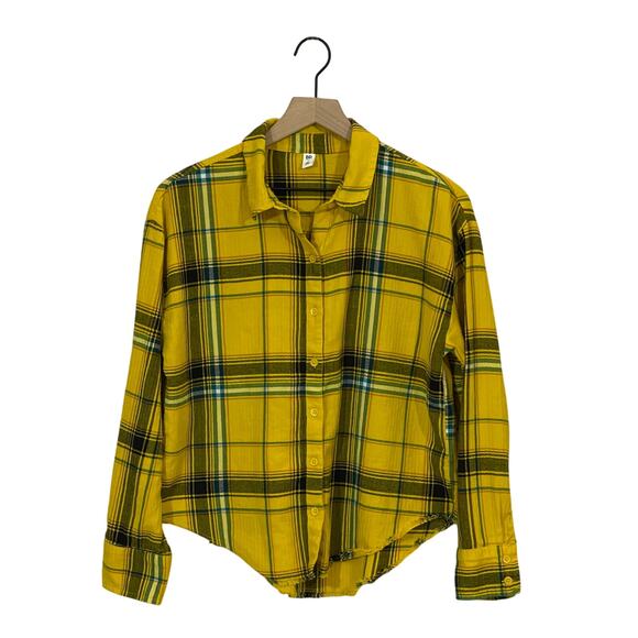BP Plaid Frayed Hem Flannel Button Up Top - Yellow Multi - Small - Picture 6 of 11